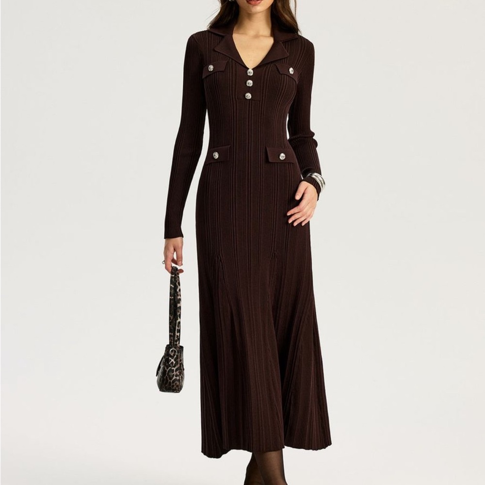 Commense Unworn Elegant Brown Long Sleeve Knit Dress Size Small - Picture 3 of 3